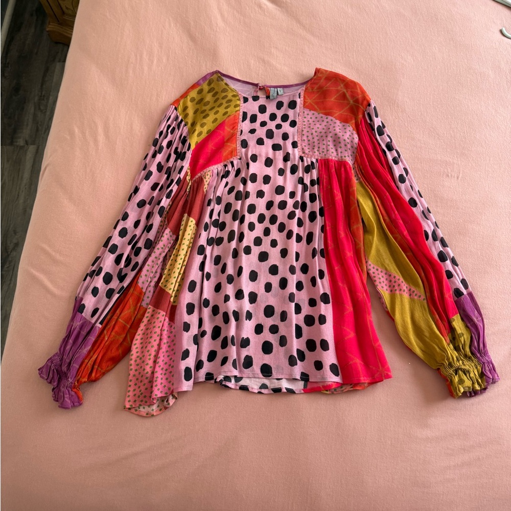 Anthropologie Pink and Yellow Patchwork Blouse